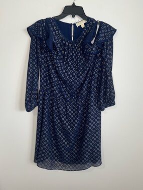 Michael Kors Navy Circle-Print Long Sleeve Ruffle Dress